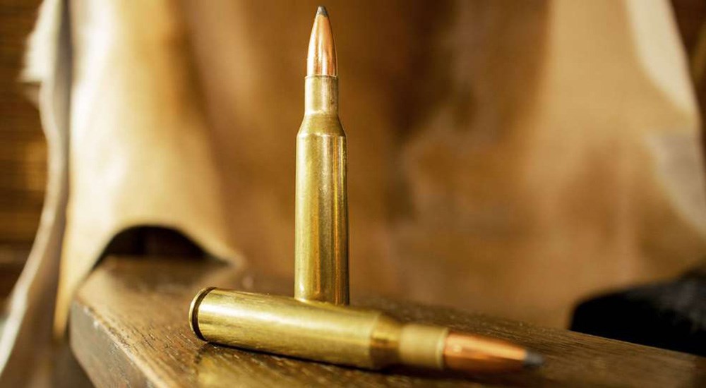 Two .257 Roberts ammunition cartridges on wood table.