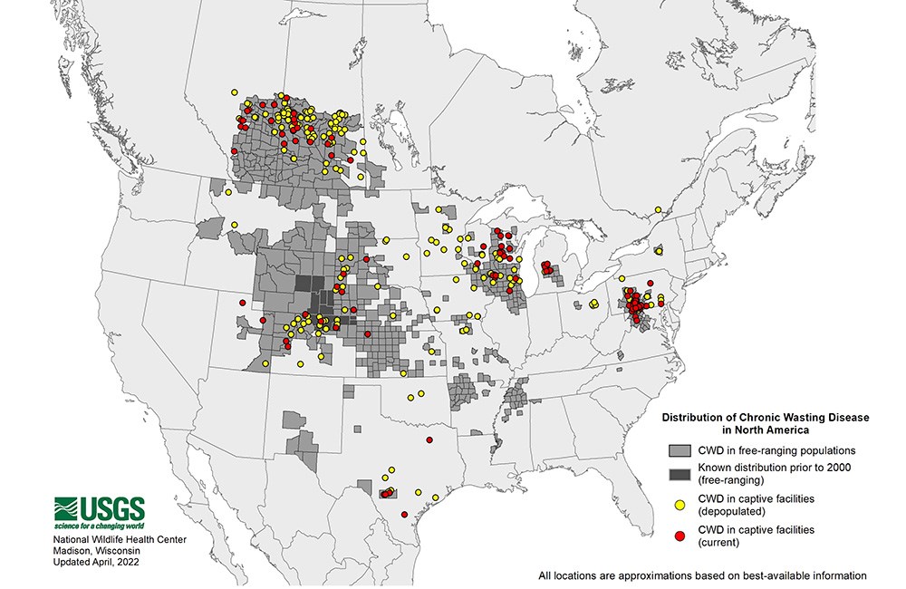 USGS map showing distribution of Chronic Wasting Disease in North America in 2022.