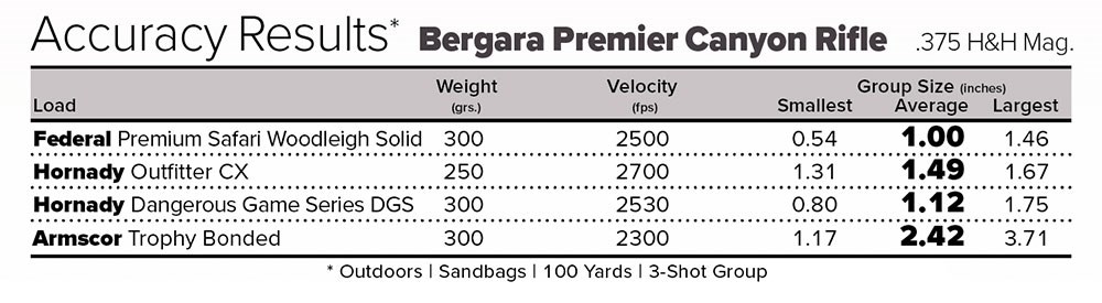 Bergara Premier Canyon Rifle Accuracy Results Chart