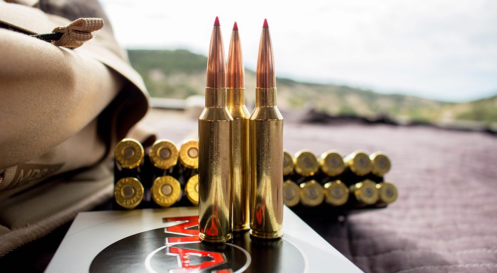 Hornady 7mm PRC Match ammunition on shooting bench.