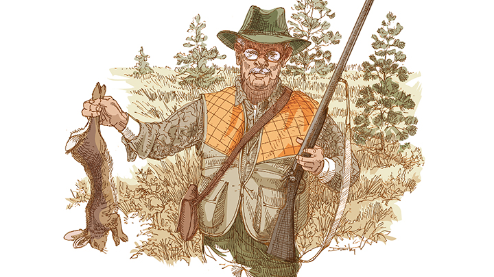 Illustration of Male Hunter Holding Rabbit and Shotgun