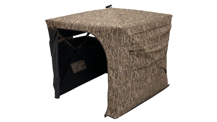 Deception ground blind in Mossy Oak Bottomland with door open