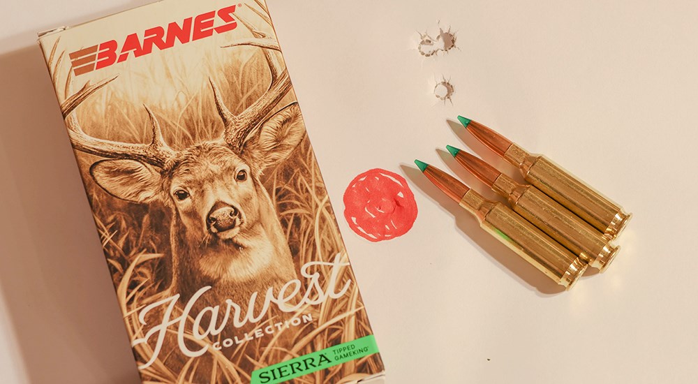Barnes Harvest Collection ammunition target with three shots.