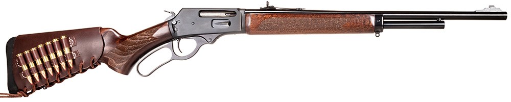 Rossi R95 lever action rifle full length facing right on white background.