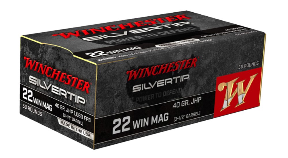 Winchester SilverTip .22 Winchester Magnum ammunition packaging box.