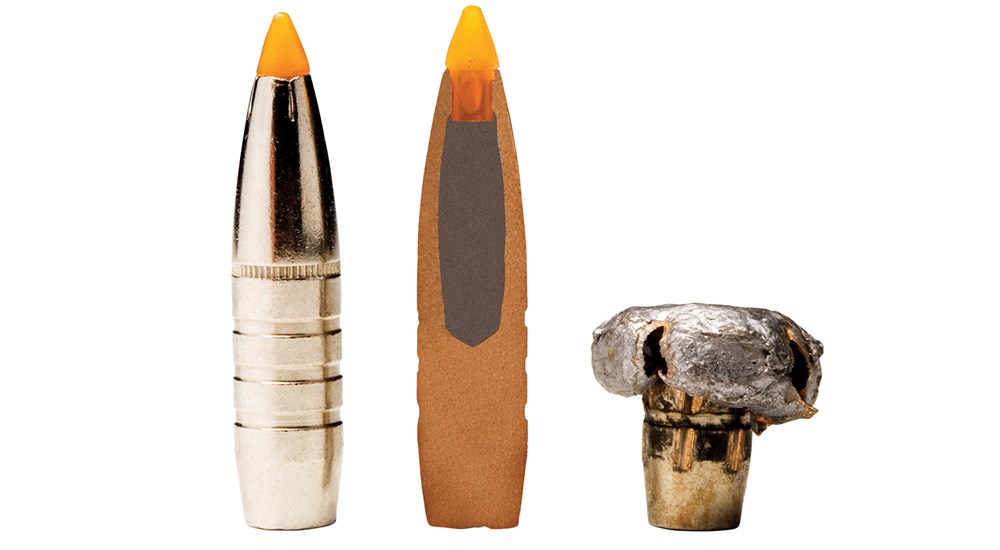 Federal Trophy Bonded Tip bullet cutaway and mushroomed bullet.