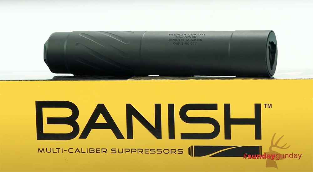 Banish 46-V2 suppressor atop on Banish company box.