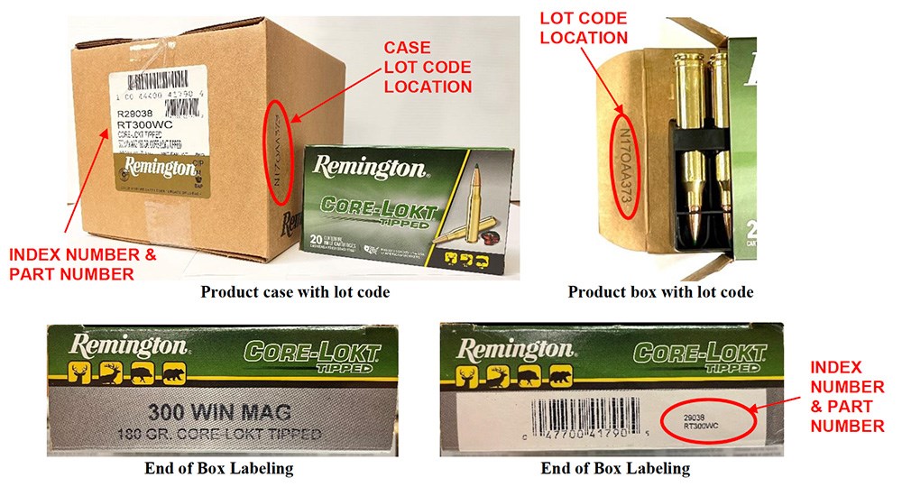 Remington Core-Lokt Tipped .300 Winchester Magnum ammunition box recall lot numbers.