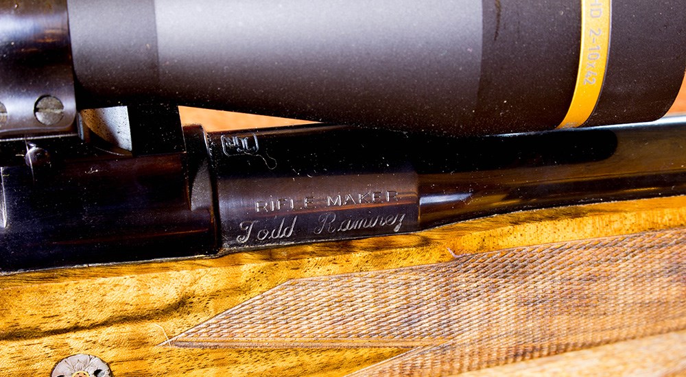 Todd Ramirez custom rifle maker engraving on rifle barrel.