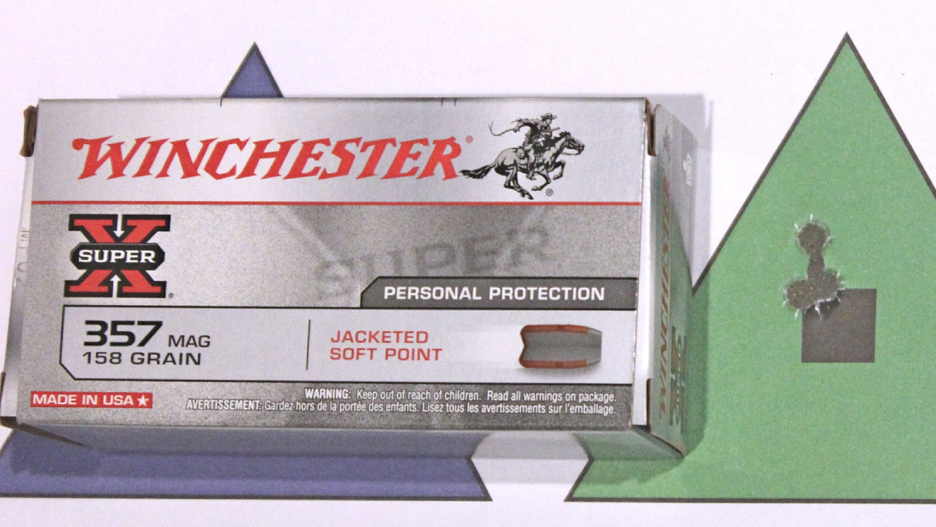 .357 Magnum Super X Winchester Ammunition and three shot group (ragged hole)