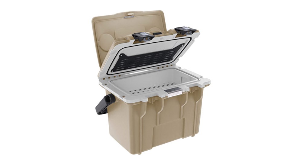 Pelican 14 quart personal cooler with lid open.