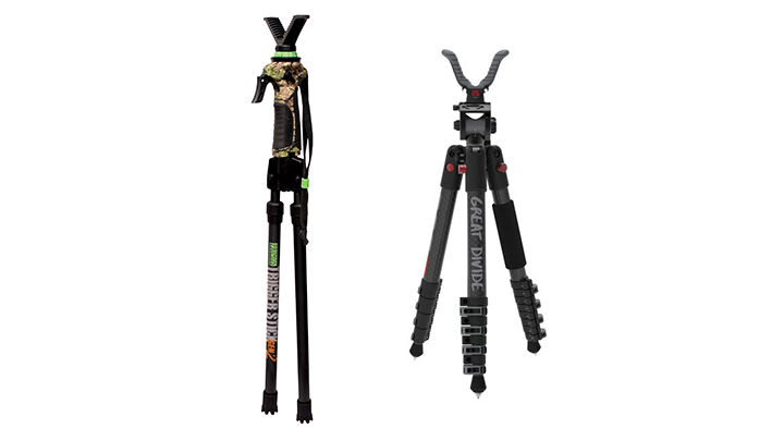 Primos Trigger Stick Shooting Sticks, left, and Bog Pod Great Divide Bipod, right