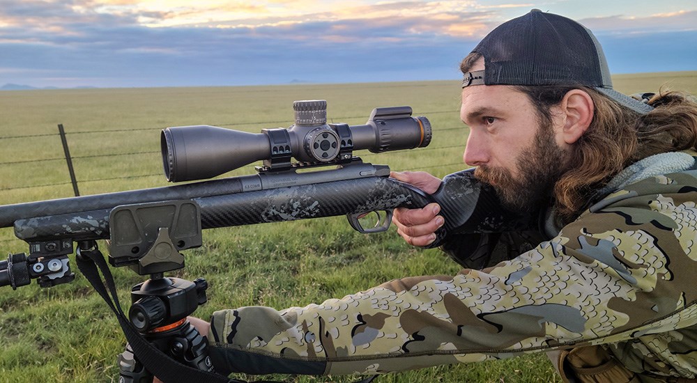 Male hunter shooting Gunwerks Magnus bolt action rifle.