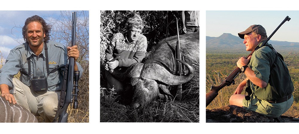 Three male hunters posing with rifles.