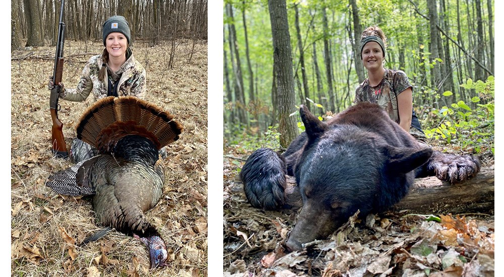 Female hunter with wild turkey and black bear