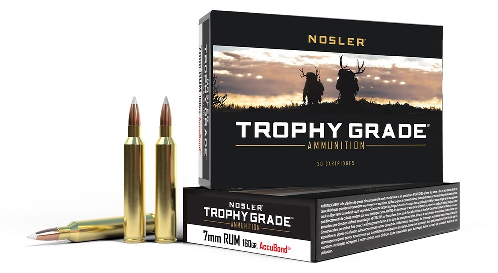 Nosler Trophy Grade 7mm RUM 160-grain ammunition with box.