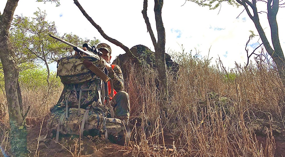 Male hunter shooting rifle in sitting position off of camouflage backpack.