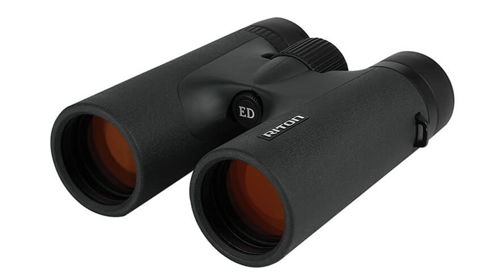 Riton 5 Primal 10x42 ED binocular angled left on white background.