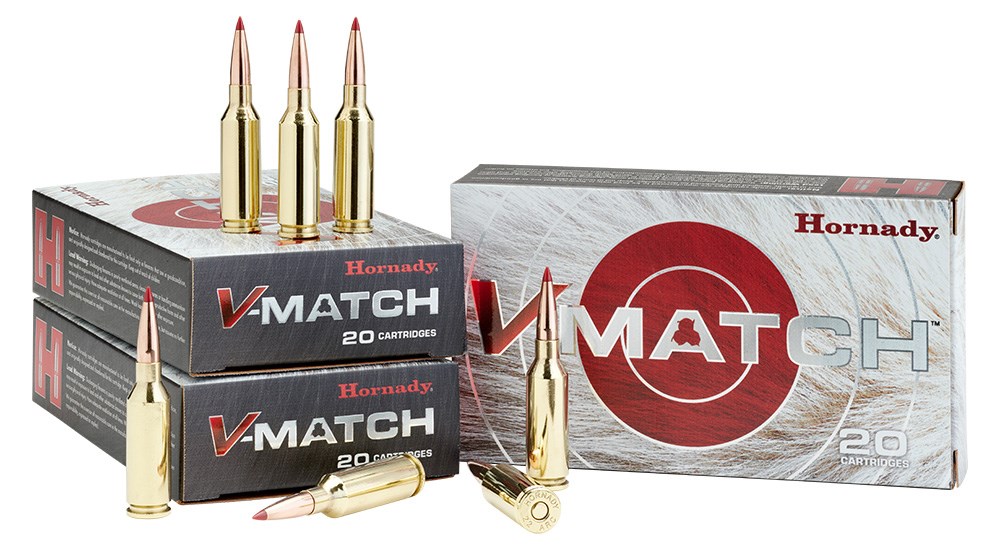 Hornady V-Match ammunition boxes with several rounds surrounding.