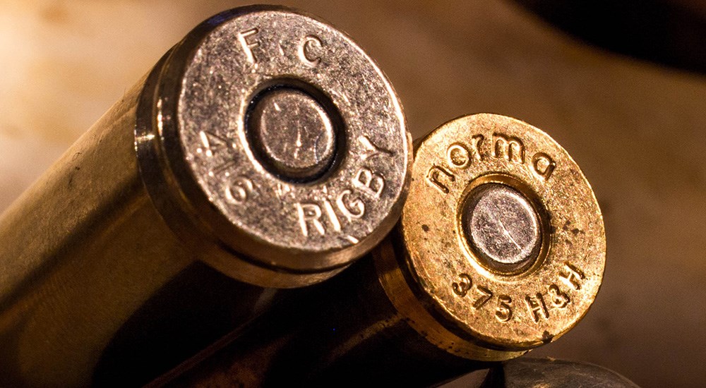 Norma .375 H&H Magnum and .416 Rigby ammunition cartridge headstamps side by side.